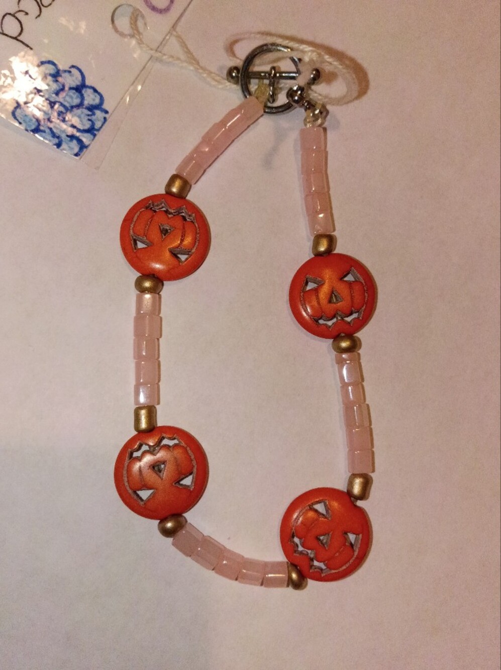 Halloween Pumpkin Beaded Bracelet- Orange and Pink